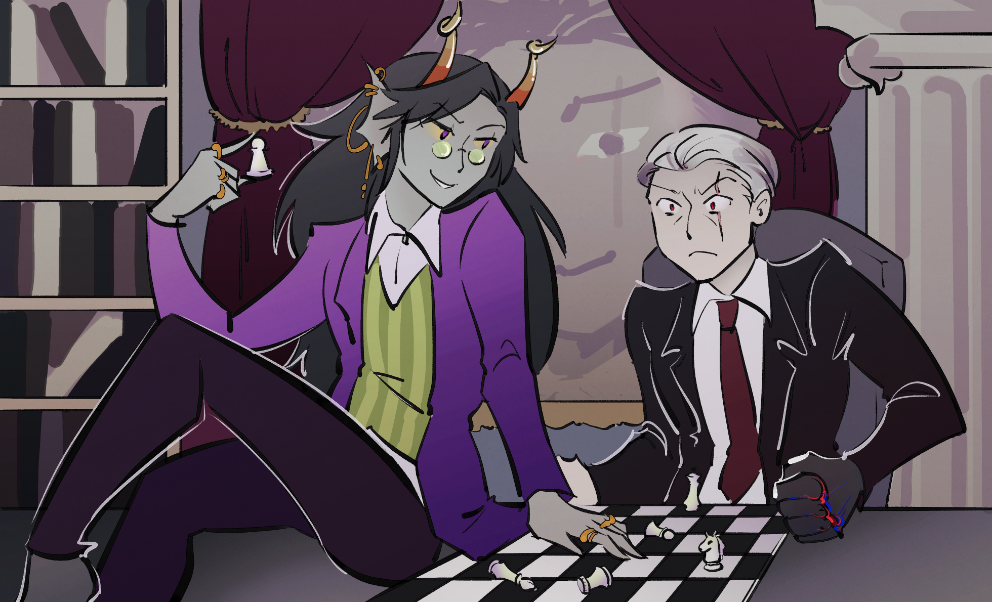 Purple suited troll sitting on old man's desk while old man glares