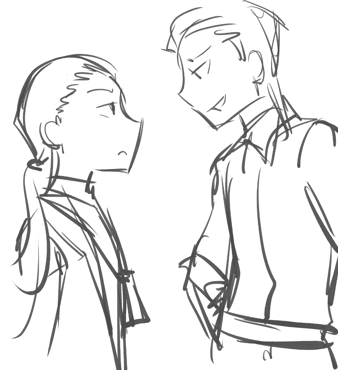 Smirking man and serious woman facing each other