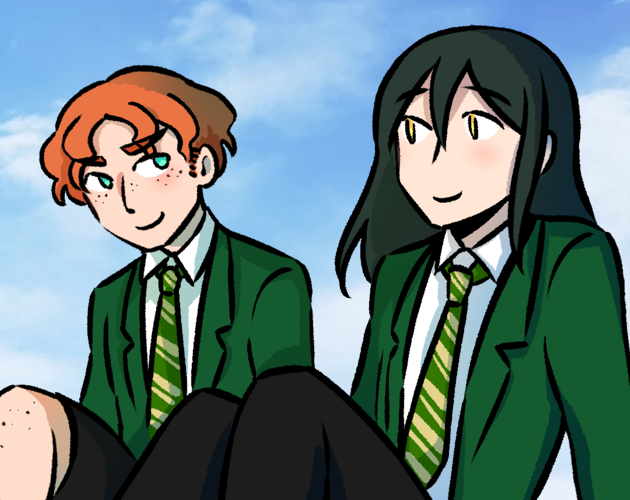 Two students in green school uniforms