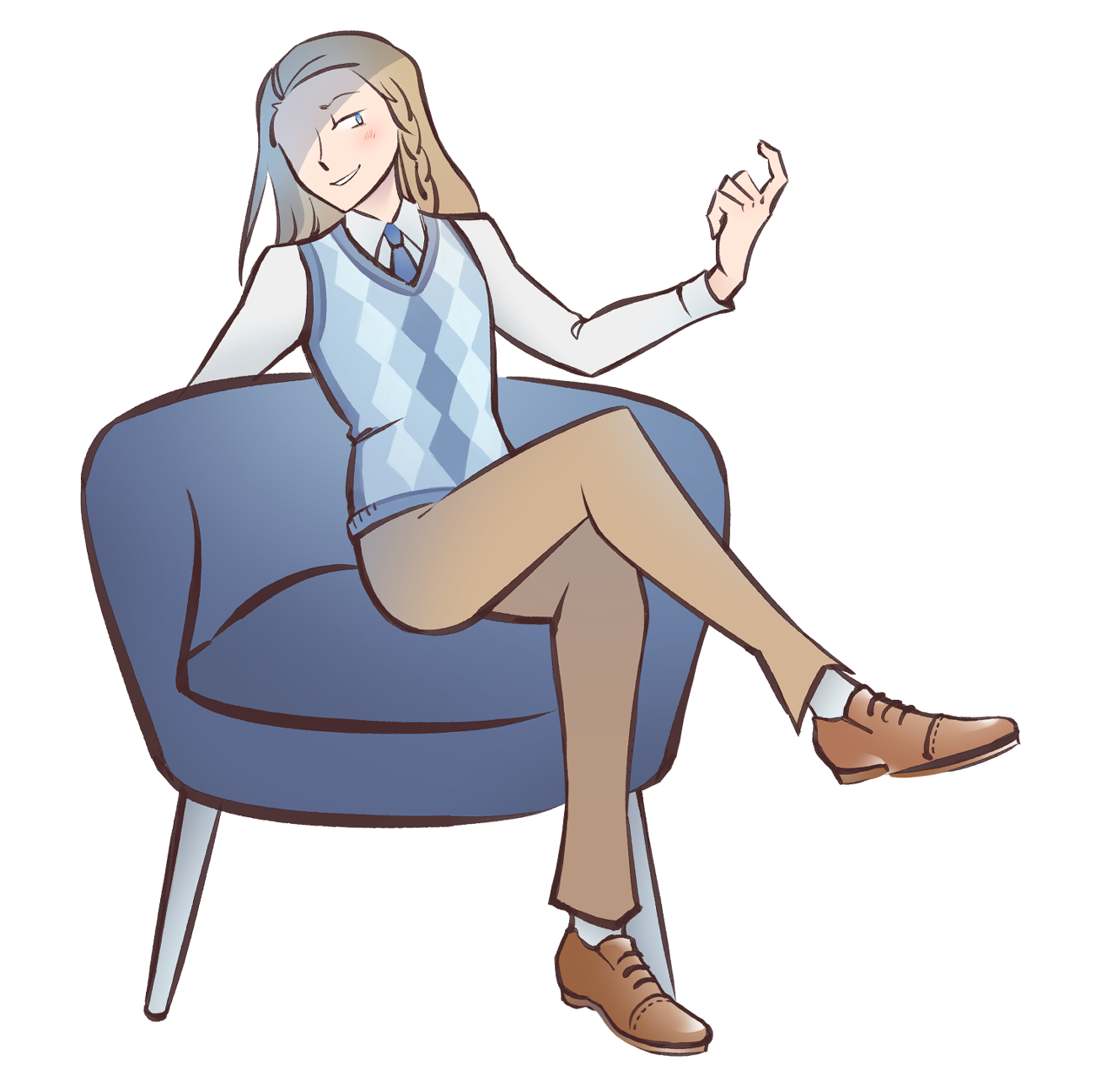 Smug man sitting on blue chair beckoning hand